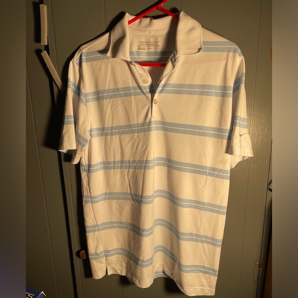 Nike Golf Mens Medium Blue Striped Tour Performance Dri-Fit Polo